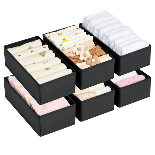 DIMJ Drawer Organizer Clothes - Underwear Organizer Small Sock Organizer Closet Organizers and Storage Box Dresser OrganizerDrawer Dividers for Baby ClothesBraSocks Belt Tie Set of 6Black