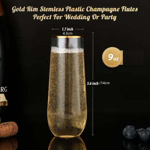 2pcs 9oz Stemless Plastic Champagne Glasses with Gold Frame