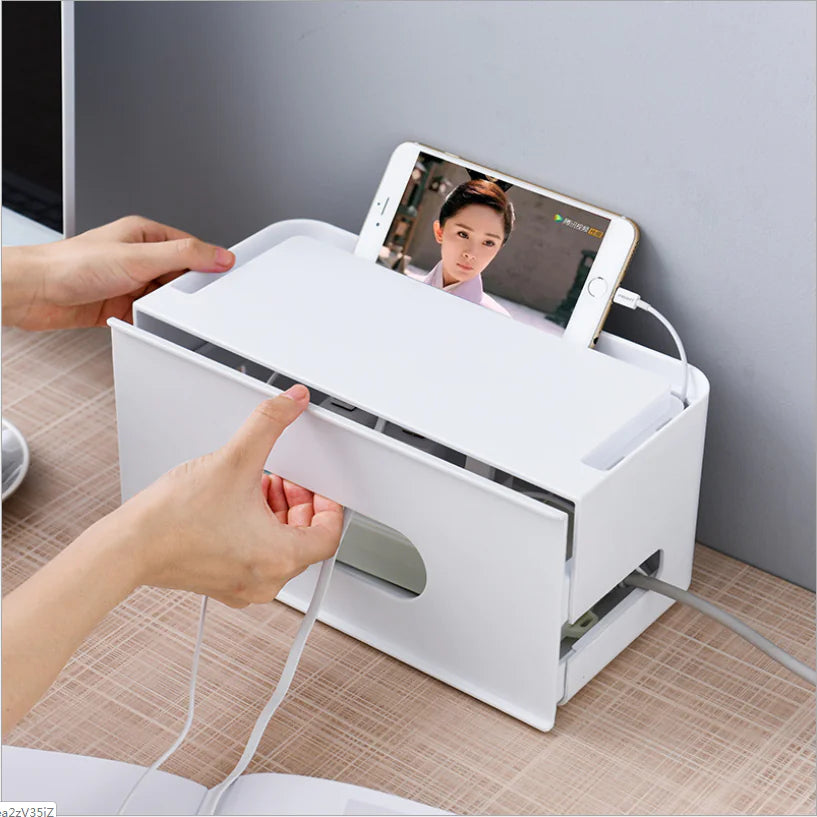 Storage Box and Cable Organizer with Power Strip Protection