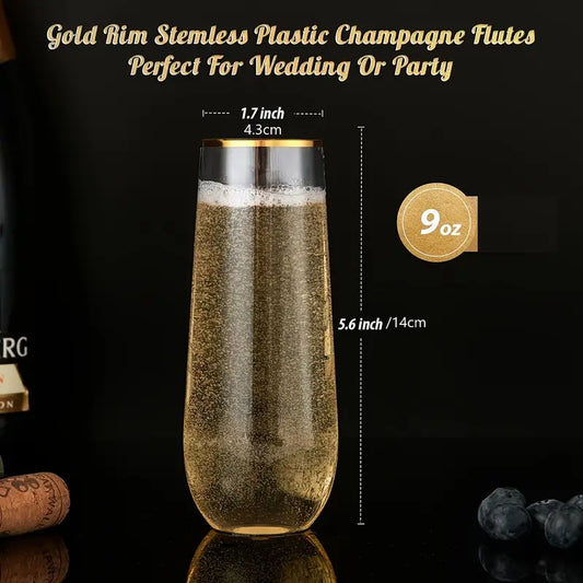 2pcs 9oz Stemless Plastic Champagne Glasses with Gold Frame